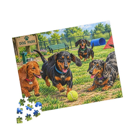 Dachshund Dog Park Jigsaw Puzzle – Playful Pups Art (110/252/520 Pieces)