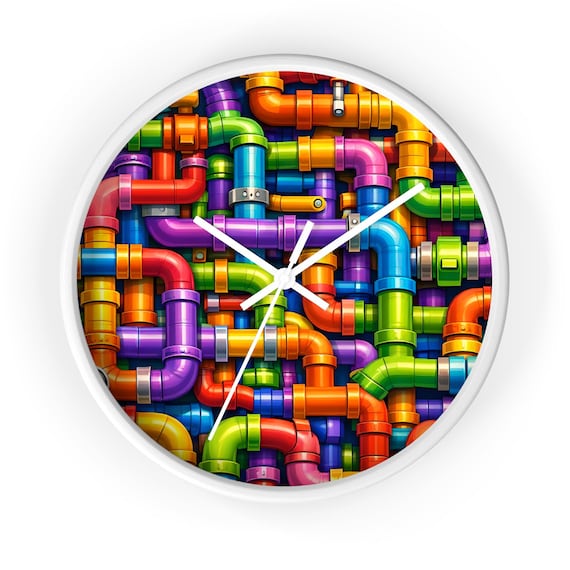 Colorful Interlocking Pipes Wall Clock - Bright Retro Plumbing Pattern for Kids Room Bathroom Decor