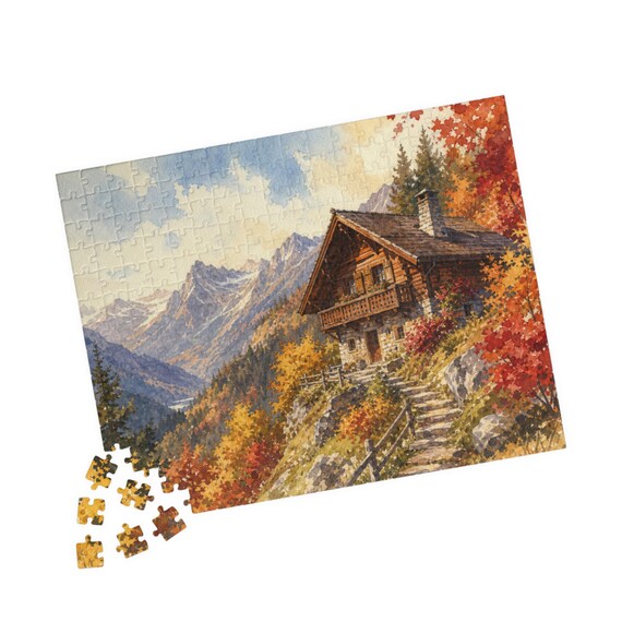 Autumn Mountain Cabin Jigsaw Puzzle | Scenic Fall Landscape (110/252/520 Pieces)