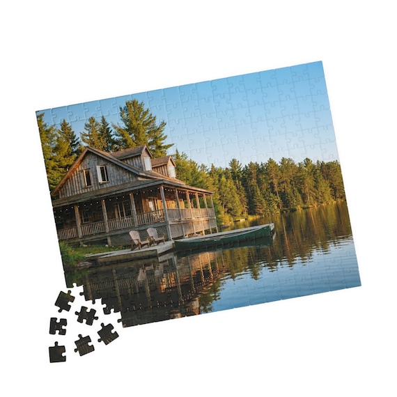 Lakeside Cabin at Sunset Puzzle 110/252/520 Piece | Scenic Lake House Jigsaw