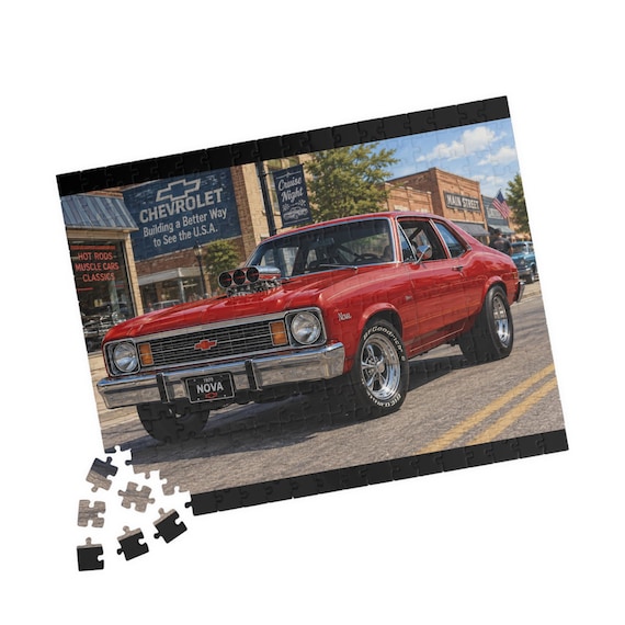 Red Chevy Nova Muscle Car Puzzle – Retro Street Scene Jigsaw (110-520 Pieces)