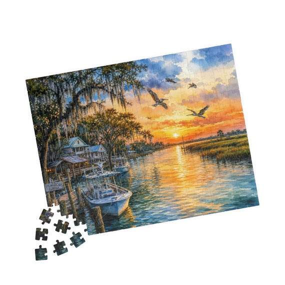 Sunset Harbor Birds Jigsaw Puzzle – Coastal Marsh Scene (110-520 Pieces)