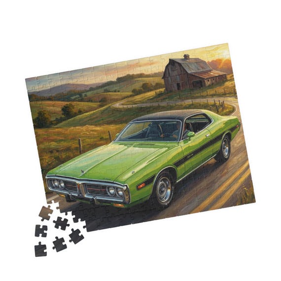 Green Classic 1974 Dodge Charger Puzzle | Vintage Barn Countryside Scene, Roadside Sunset