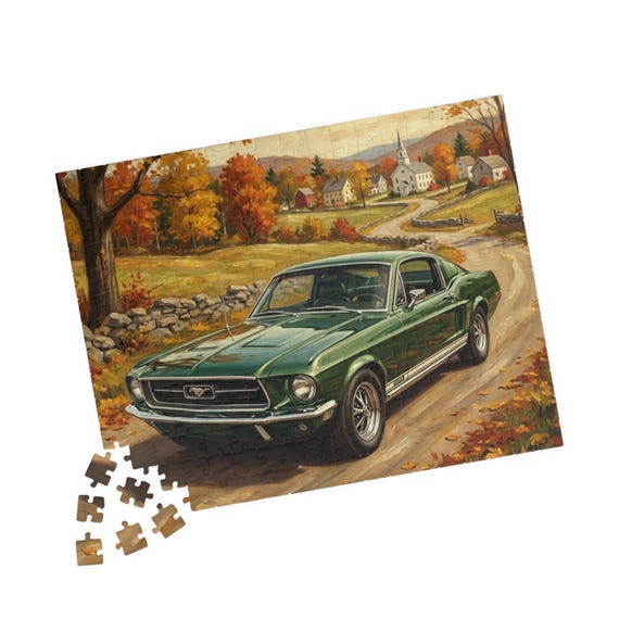 Green Classic 1968 Ford Mustang Car Puzzle 110-520 piece | Fall Countryside Scene