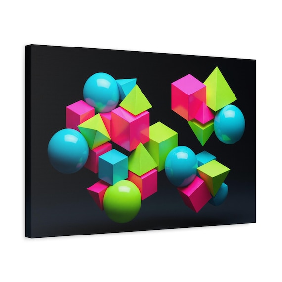 Neon Geometric Shapes Matte Canvas Print – Retro-Futuristic Wall Art (Framed)