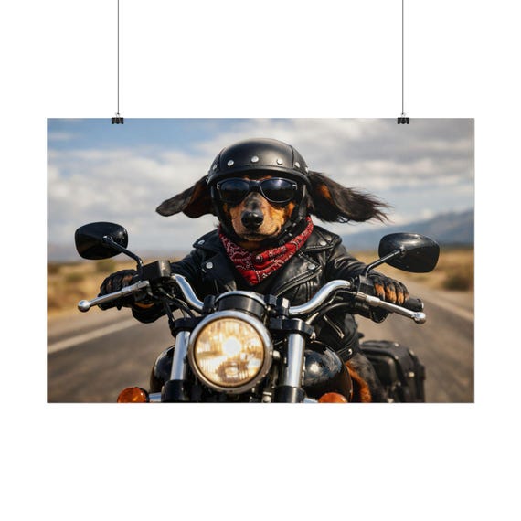 Dachshund Biker Poster Rolled Posters | Motorcycle Dog Wall Art, Retro Road Trip Print