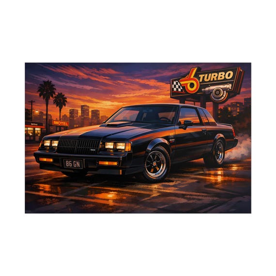 Retro Turbo GNX Car Poster | 80s Muscle Car, Neon Sunset Print