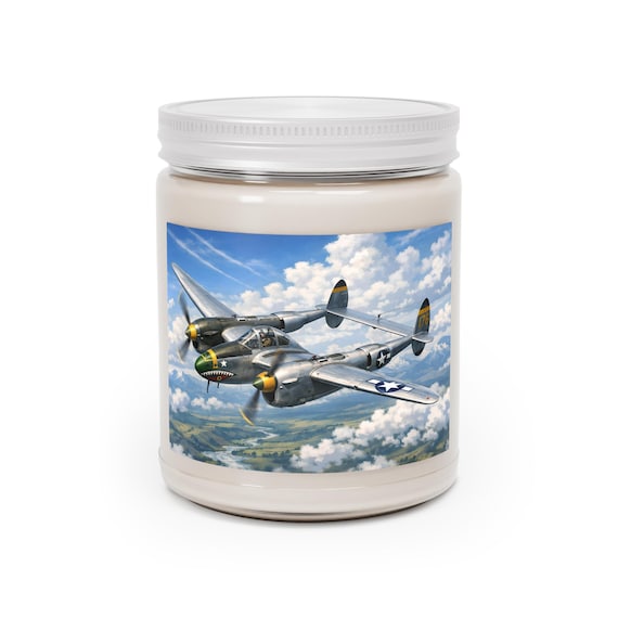 P-38 Lightning WWII Fighter Plane Soy Candle – Aviation Pilot Man Cave Decor (9oz)