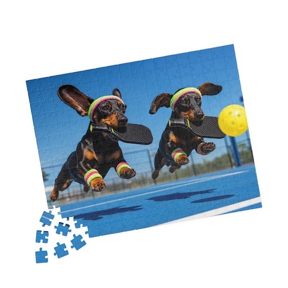 Dachshunds Playing Pickleball Jigsaw Puzzle – 110, 252, 520 Piece Dog Art