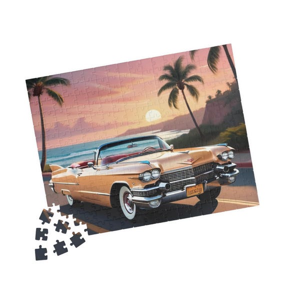Vintage 1959 Cadillac Eldorado Convertible Puzzle | 110 to 1014 Piece Beach Road Sunset Jigsaw