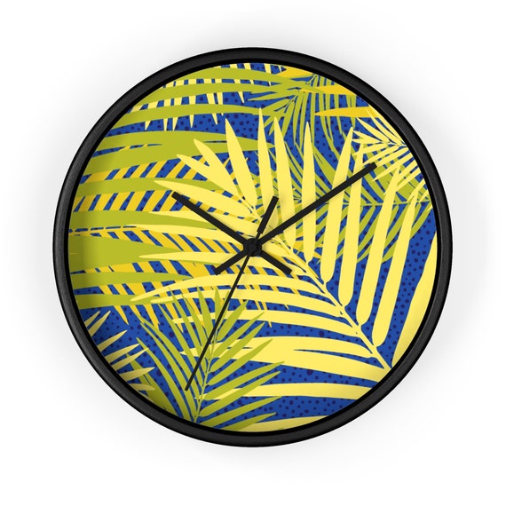 Tropical Leaf Wall Clock, Blue Round Clock, Yellow Leaf Print Decor, Nature Inspired Clock, Unique Wall Art, Botanical Clock