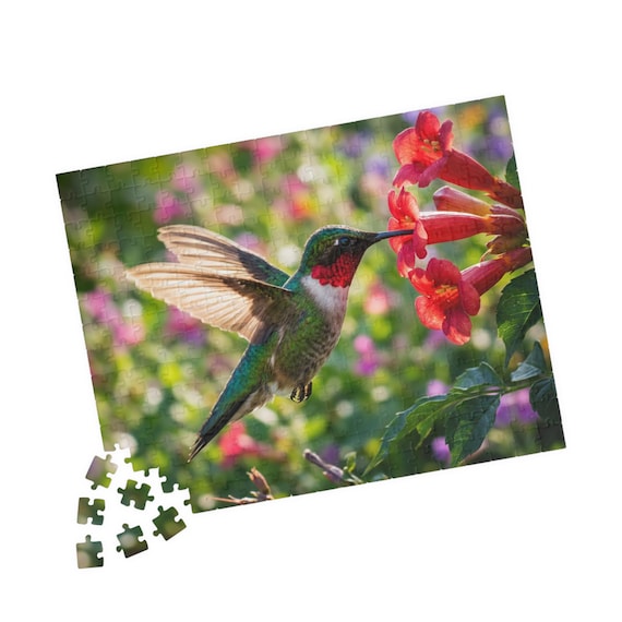 Ruby-Throated Hummingbird Puzzle 110/252/520 Piece | Floral Nature Jigsaw