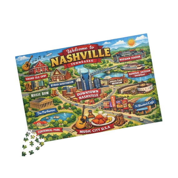 Nashville Map Puzzle 1014-Piece | Music City Landmarks Jigsaw | Relaxation Hobby