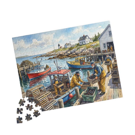 Maine Lobstermen Harbor Illustration Jigsaw Puzzle - 110/252/520 Piece Coastal Nautical Art Gift