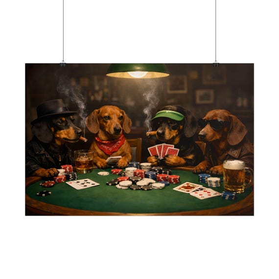 Dachshunds Playing Poker Rolled Poster | Funny Poker Night Wall Art