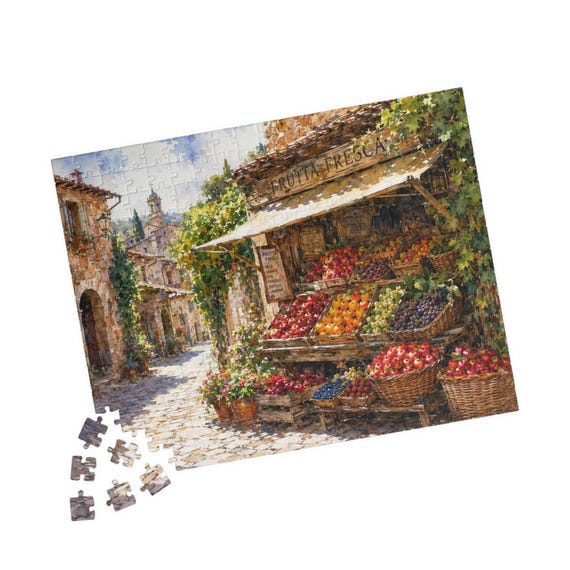 Rustic European Fruit Market Jigsaw Puzzle – Vibrant Village Scene (110-520 Pieces)