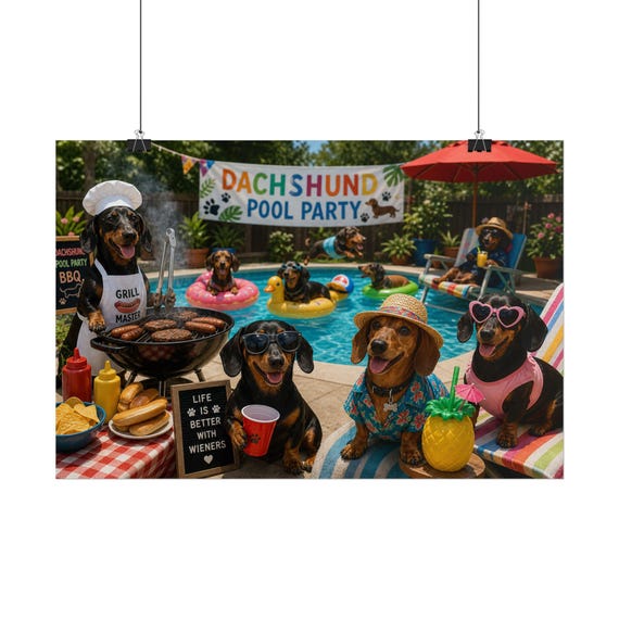 Funny Dachshund Pool Party Poster – Summer Dog Wall Art (Giclée Print)
