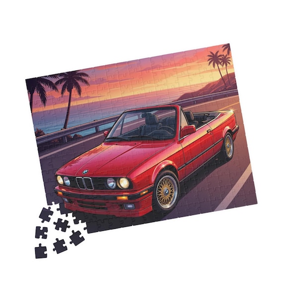 Vintage Red Convertible BMW 325 Car Puzzle | Coastal Sunset Road Jigsaw