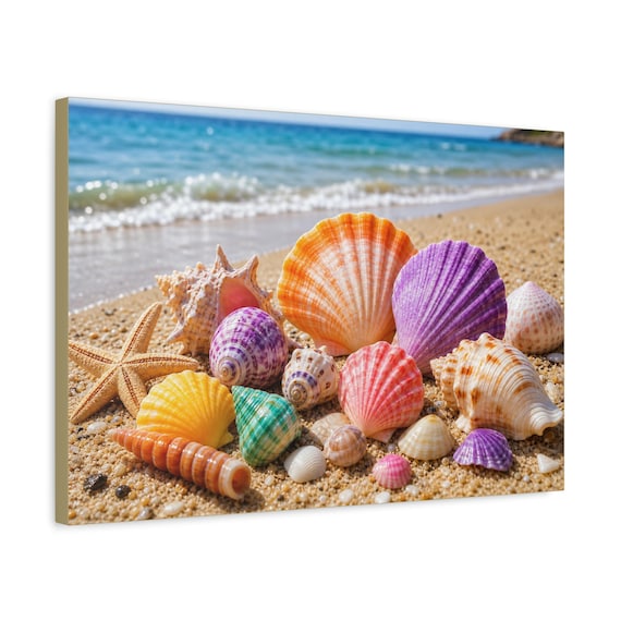 Colorful Seashells Beach Scene Canvas Print – Coastal Wall Art (Matte Finish)