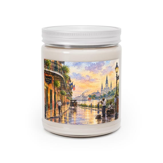 New Orleans Street Scene Soy Candle with White Lid - Scented Jar Home Decor Gift