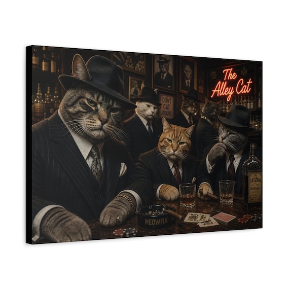 Gangster Cats Poker Scene Canvas Print | Vintage Speakeasy Wall Art | Retro Animal Humor