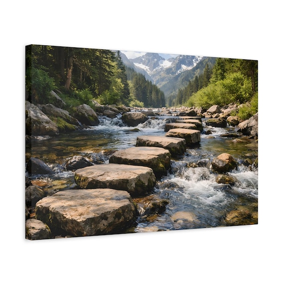 Mountain River Steppingstones Canvas Print | Decorative Wall Art | Framed, Stretched, Ready to Hang