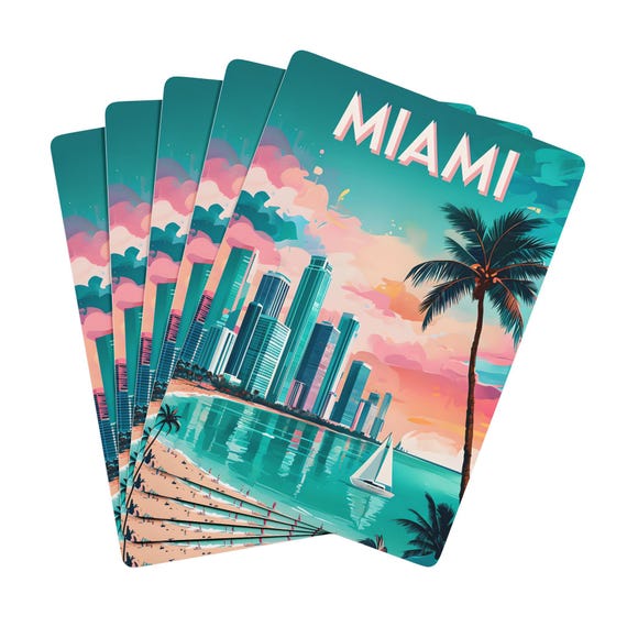 Miami Beach Vintage Poster Playing Cards | Retro Skyline Casino Deck Florida Souvenir Gift
