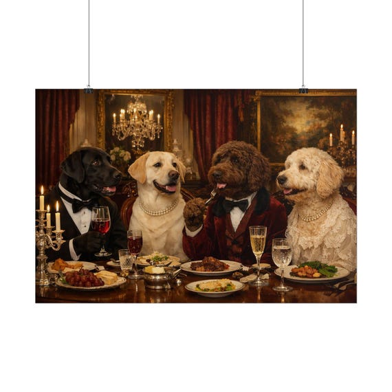 Dogs Dining Party Rolled Poster | Humorous Canine Dinner Scene