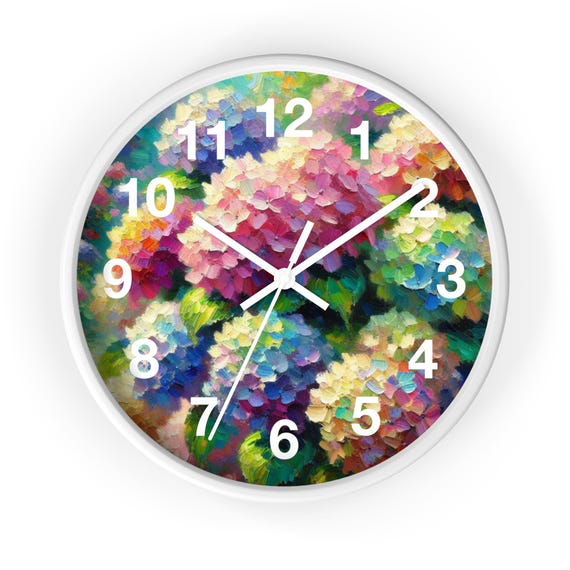 Vibrant Hydrangea Wall Clock: Botanical Timepiece for Garden Enthusiasts, Colorful Home Decor