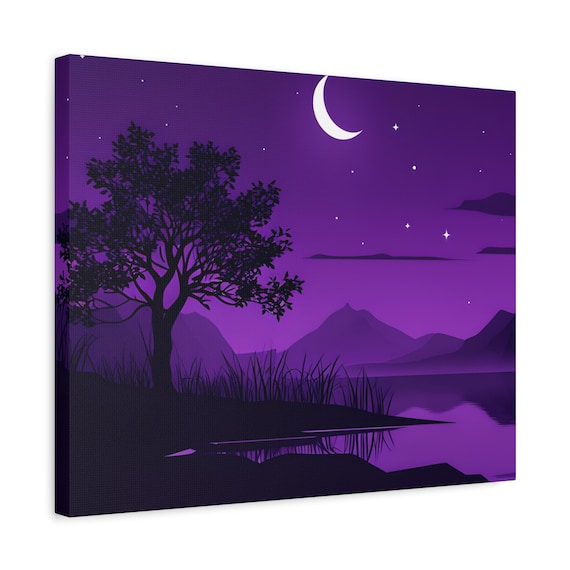 Purple Moonlight Landscape Canvas Print: Night Sky Nature Art