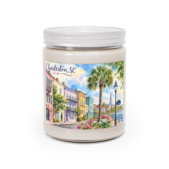 Charleston SC Coastal Soy Candle – Watercolor Street Scene, 9oz Jar (50-60 Hour Burn)
