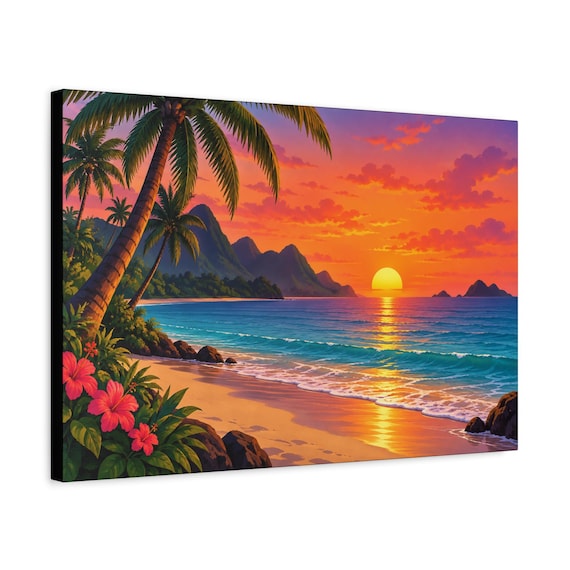 Palm Tree Sunset Canvas - Tropical Beach Ocean Wall Art Coastal Decor