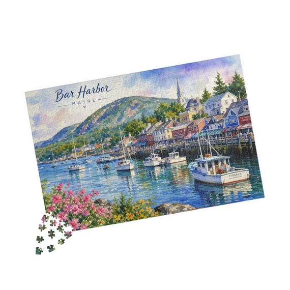 Bar Harbor Maine Watercolor Puzzle – 1014 Piece Coastal Harbor Art (100% Chipboard)