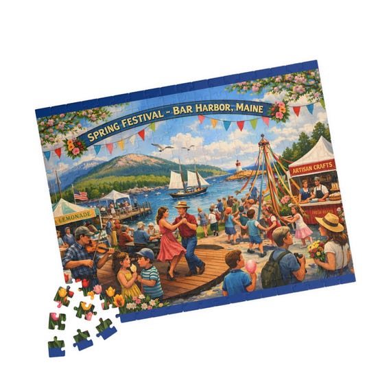 Bar Harbor Spring Festival Puzzle | Scenic Maine Coastal Jigsaw | Family Gift