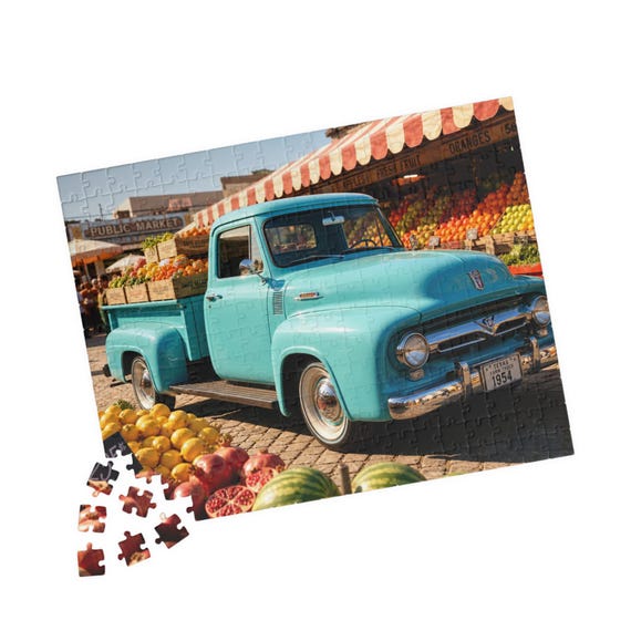 Vintage Turquoise Pickup Truck Farmers Market Jigsaw Puzzle | Retro Farmstand Scene Gift