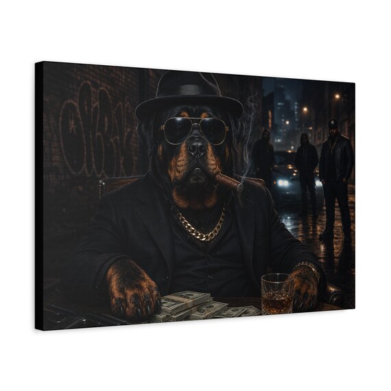 Gangster Rottweiler Canvas Art | Noir Urban Dog Portrait, Man Cave Decor
