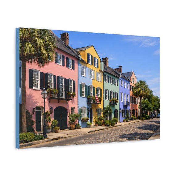 Rainbow Row Charleston Houses Matte Canvas Print | Coastal Wall Art Decor Ready to Hang
