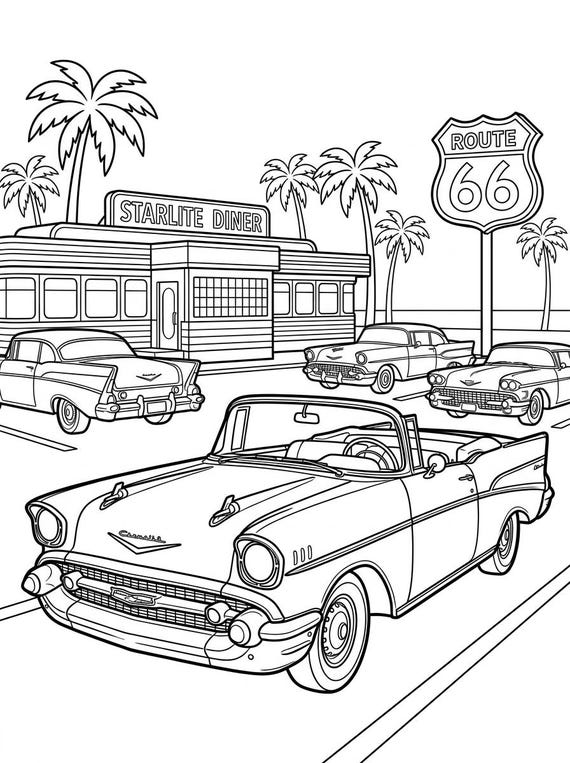Classic Car Coloring Page | Vintage Automobiles, Route 66 Diner (Digital Download)