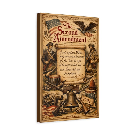 2nd Amendment Patriotic Print Canvas | Vintage Style | Wood Frame, Stretched, Ready to Hang