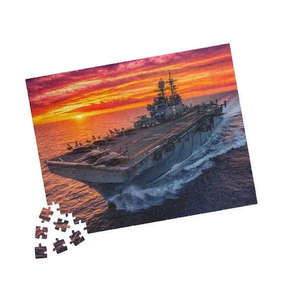 USS America Aircraft Carrier Sunset Jigsaw Puzzle – Naval Warship Art (110-520 Pieces)