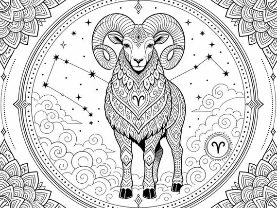 Aries Zodiac Coloring Page | Astrology Printable PDF Instant Download | Adult & Teen Coloring Sheet