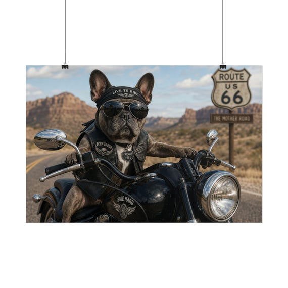 Biker French Bulldog Poster | Route 66 Motorcycle Wall Art (Semi-Glossy)