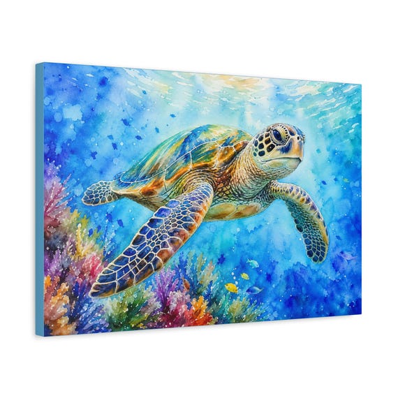 Sea Turtle Coral Reef Canvas Print – Matte Coastal Wall Art (Stretched)