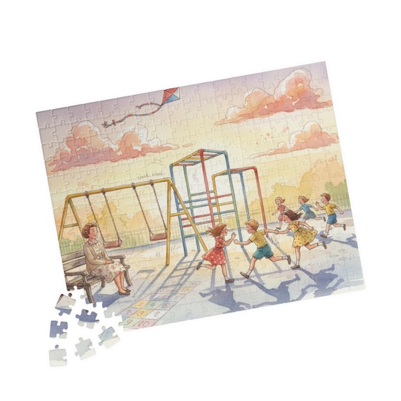 Children Playing at Park Puzzle 110-520 Piece Illustrated Jigsaw Vintage Playground Family Activity Kids