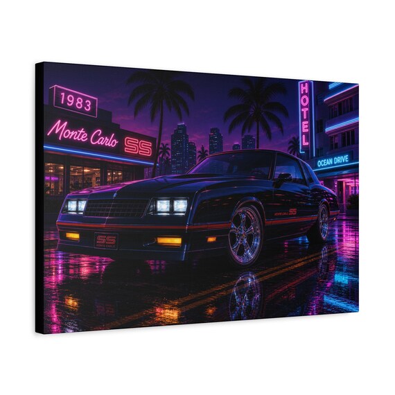 1980s Neon Monte Carlo SS Canvas Print – Vaporwave Synthwave Wall Art (Framed)