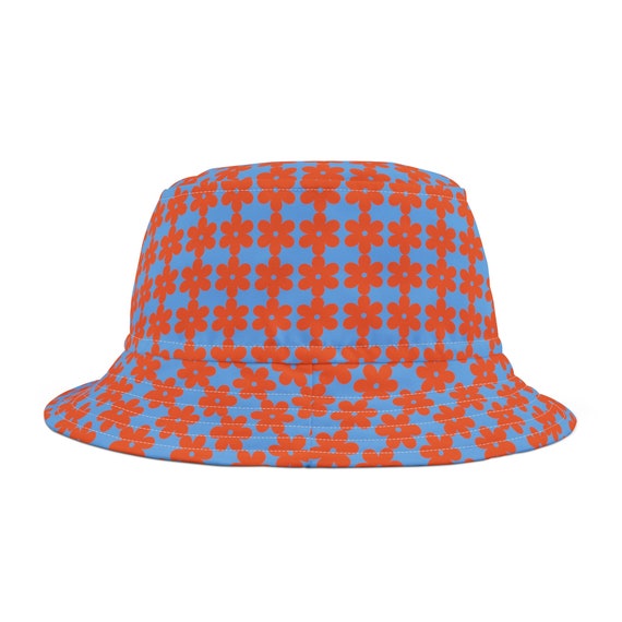 Floral Panama Style Bucket Hat - Blue Beach Headwear with Orange Flower Pattern for Sun Protection