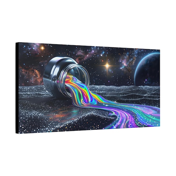 Rainbow Paint Pour Canvas Wall Art | Framed Stretched Ready to Hang | Office Decor