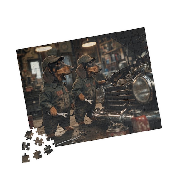 Mechanic Dachshund Duo Puzzle | Retro Garage Dog Scene, 110-520 Piece