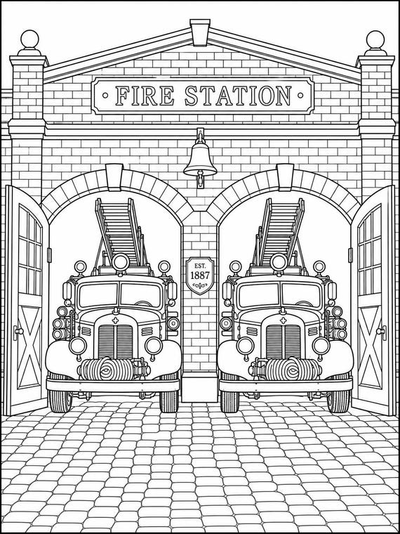 Fire Station Coloring Page | Two Fire Trucks (Digital Download)
