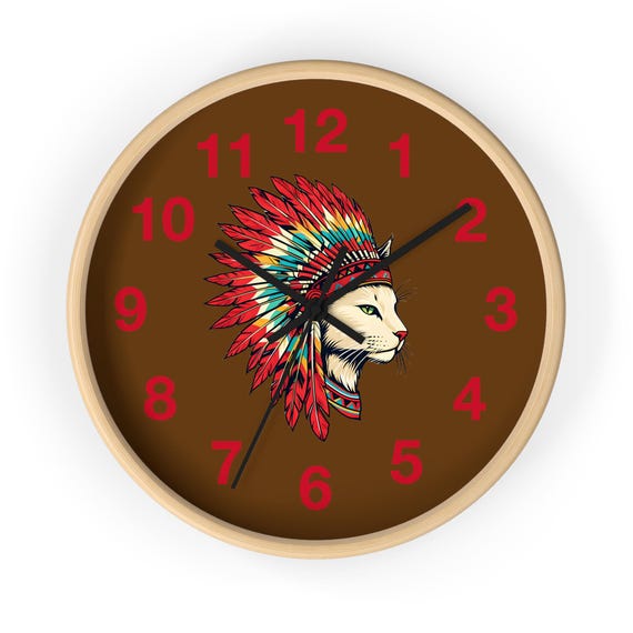 Vintage Cat Wall Clock: Native American Headdress, Boho Home Decor